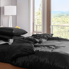 Luxury 3 Piece Bedding Set with Pillowcases-Black Satin Duvet Cover Set