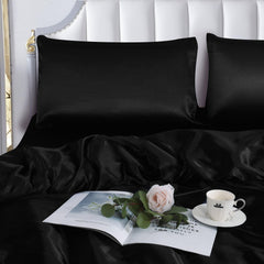 Luxury 3 Piece Bedding Set with Pillowcases-Black Satin Duvet Cover Set