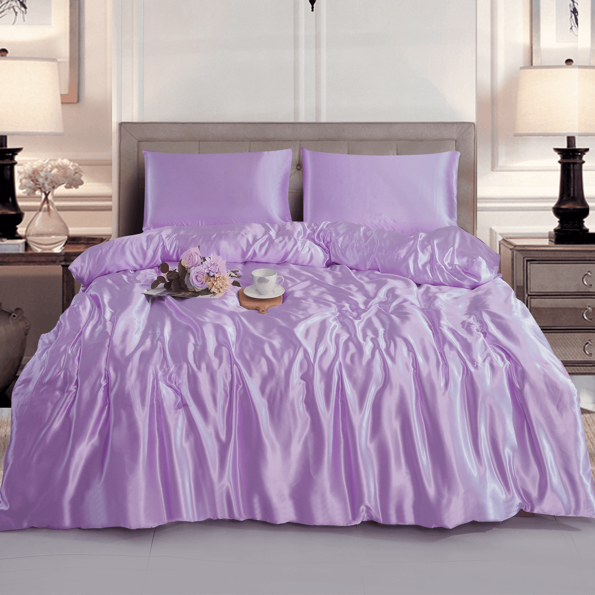 Elegant 3PC Lilac Satin Bedding Set - Silky Duvet Cover and Pillowcases