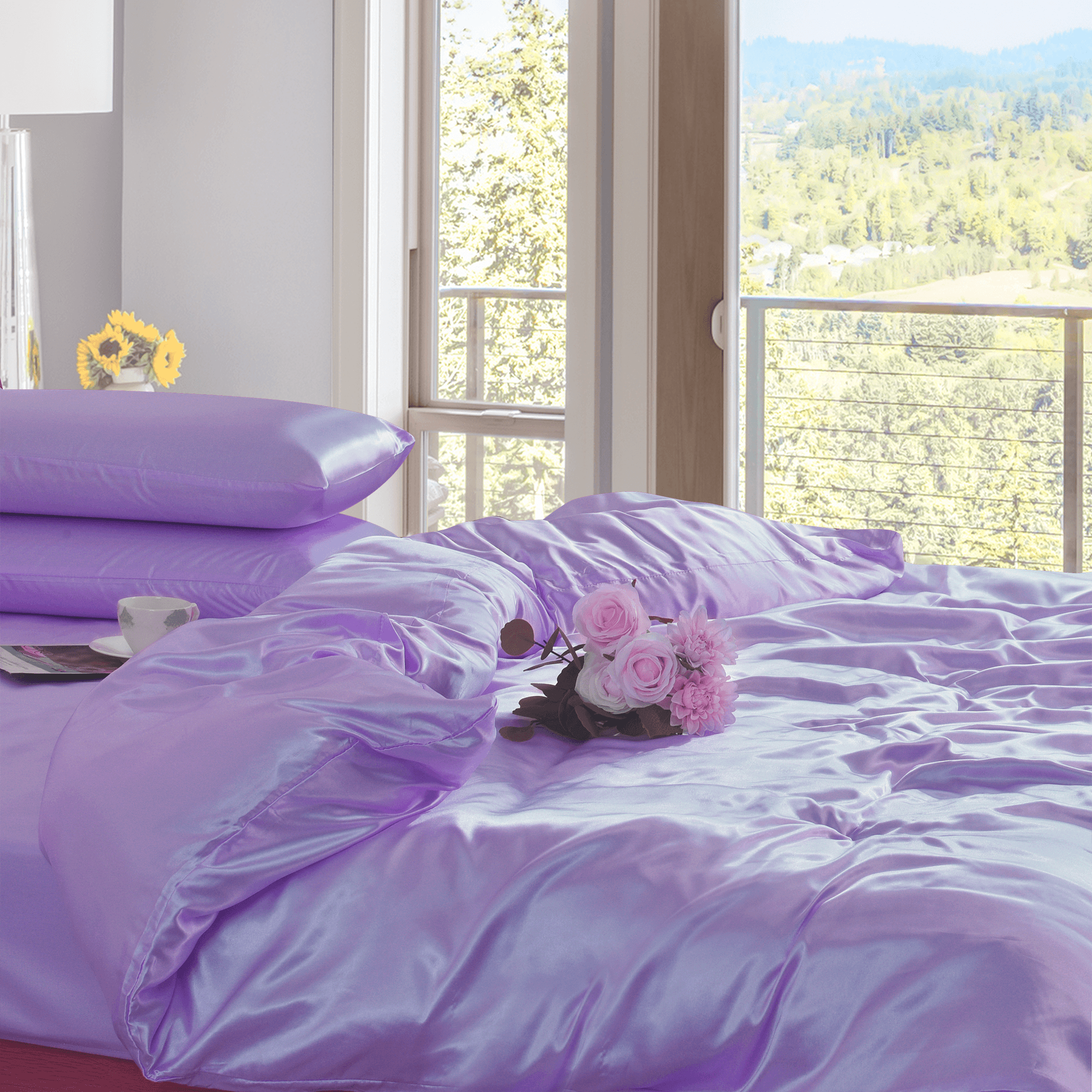 Elegant 3PC Lilac Satin Bedding Set - Silky Duvet Cover and Pillowcases