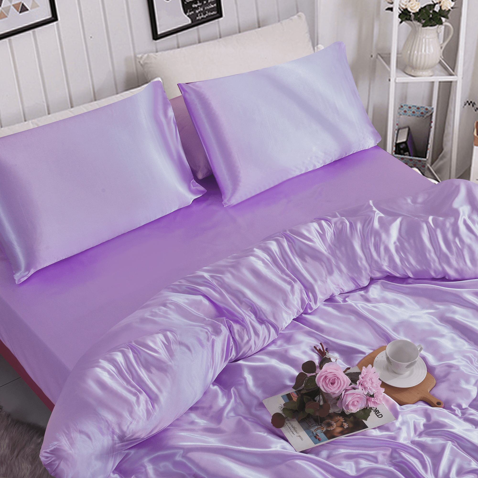 Elegant 3PC Lilac Satin Bedding Set - Silky Duvet Cover and Pillowcases