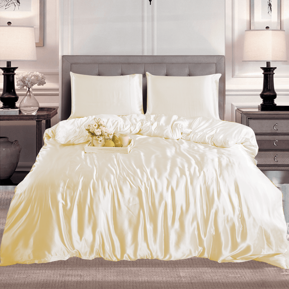 MILLPRICE 3PCS Satin Duvet Cover Set - Silky Soft Hypoallergenic Bedding