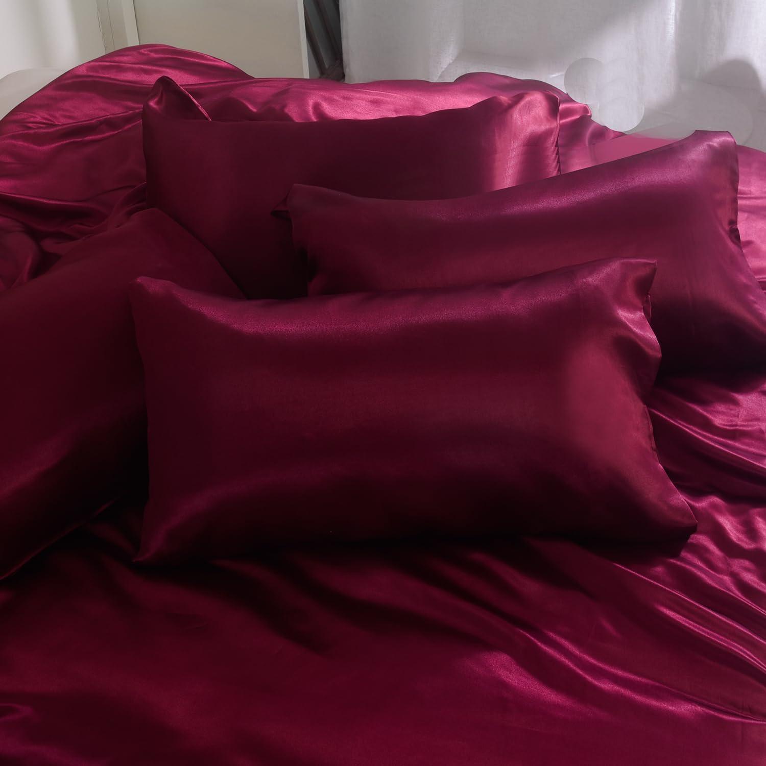 6PC Burgundy Satin Bedding Set ‚Äì Duvet, Fitted Sheet & Pillow Covers