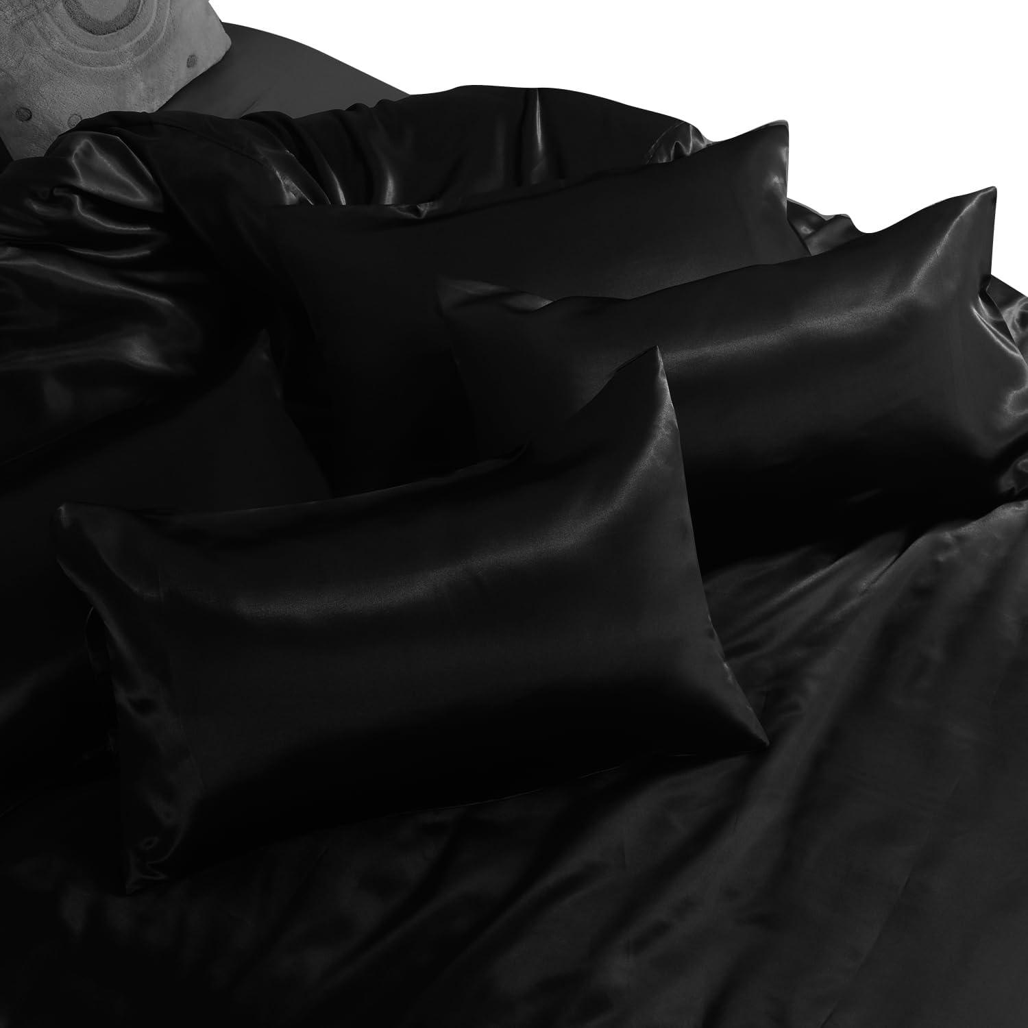 6PC BLACK Satin Bedding Set ‚Äì Duvet, Fitted Sheet & Pillow Covers
