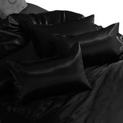 6PC BLACK Satin Bedding Set ‚Äì Duvet, Fitted Sheet & Pillow Covers