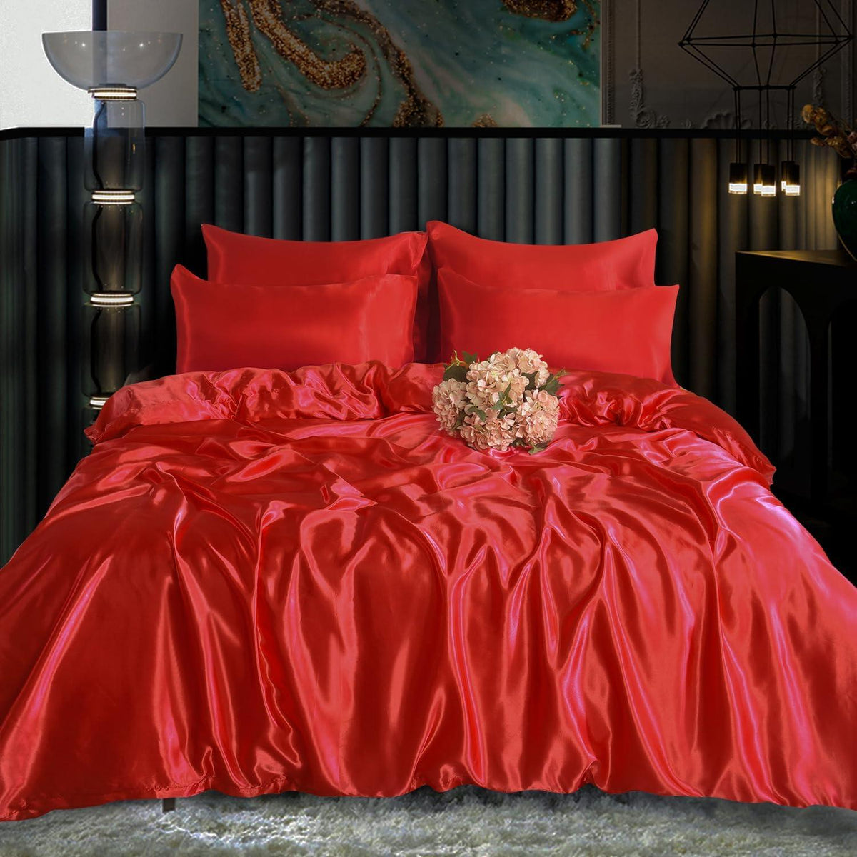 6PC Scarlet Red Satin Bed Set ‚Äì Includes Duvet, Fitted Sheet & Pillow Covers