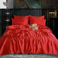 6PC Scarlet Red Satin Bed Set ‚Äì Includes Duvet, Fitted Sheet & Pillow Covers
