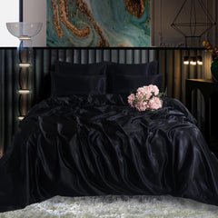 6PC BLACK Satin Bedding Set ‚Äì Duvet, Fitted Sheet & Pillow Covers