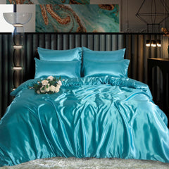 6PC Turquoise Satin Bedspread Collection ‚Äì Luxurious Duvet, Fitted Sheet & Pillowcases