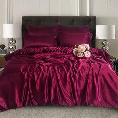6PC Burgundy Satin Bedding Set ‚Äì Duvet, Fitted Sheet & Pillow Covers