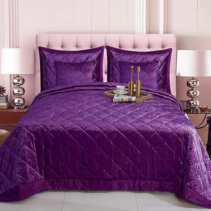 5pcs Quilted Bedspread Set | Crushed Velvet & Microfiber
