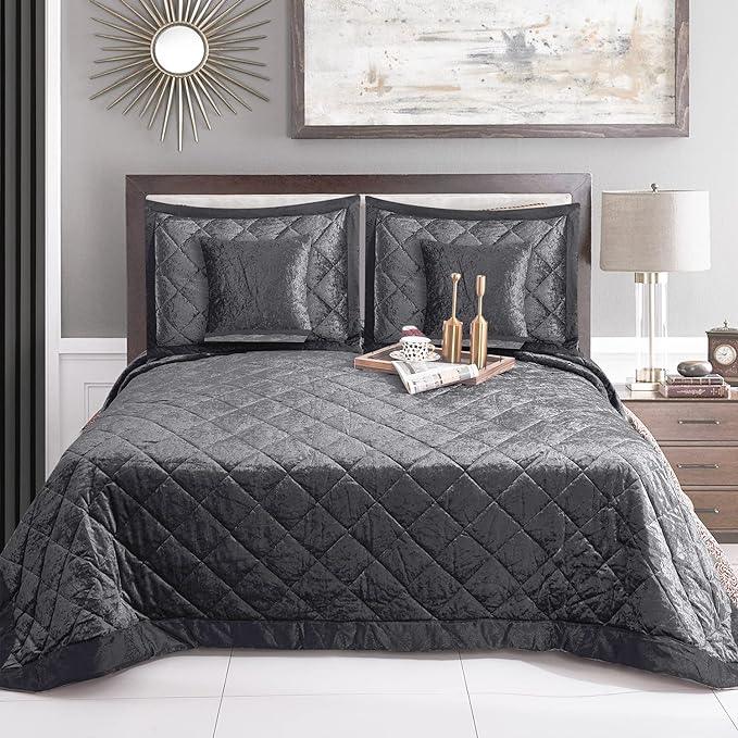 5pcs Quilted Bedspread Set | Crushed Velvet & Microfiber