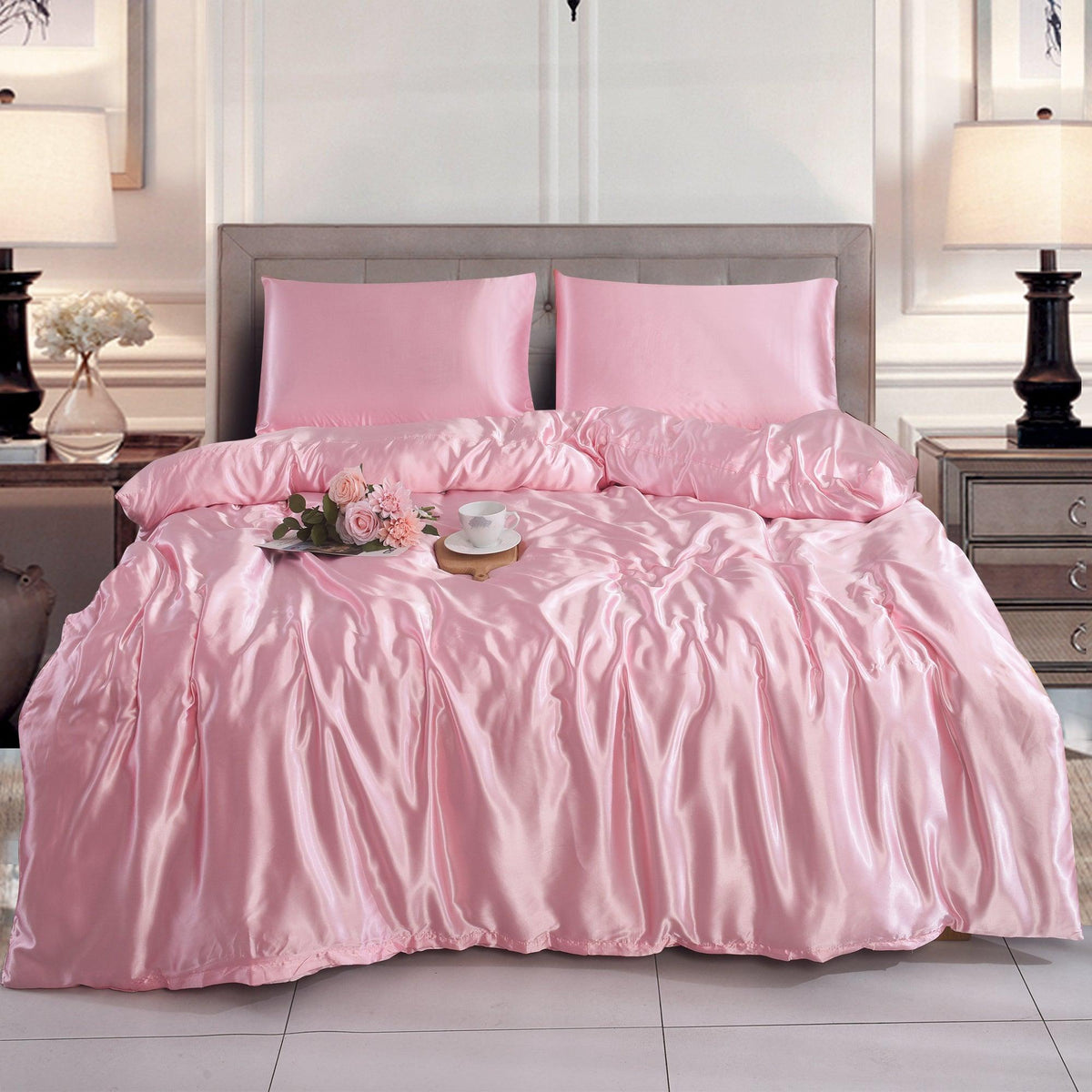 Luxury 3 PCS Blush Pink Satin Bedding Set ‚Äì Soft Silk Duvet Collection