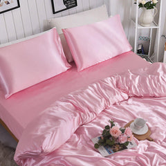 Luxury 3 PCS Blush Pink Satin Bedding Set ‚Äì Soft Silk Duvet Collection