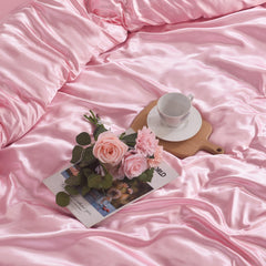 Luxury 3 PCS Blush Pink Satin Bedding Set ‚Äì Soft Silk Duvet Collection