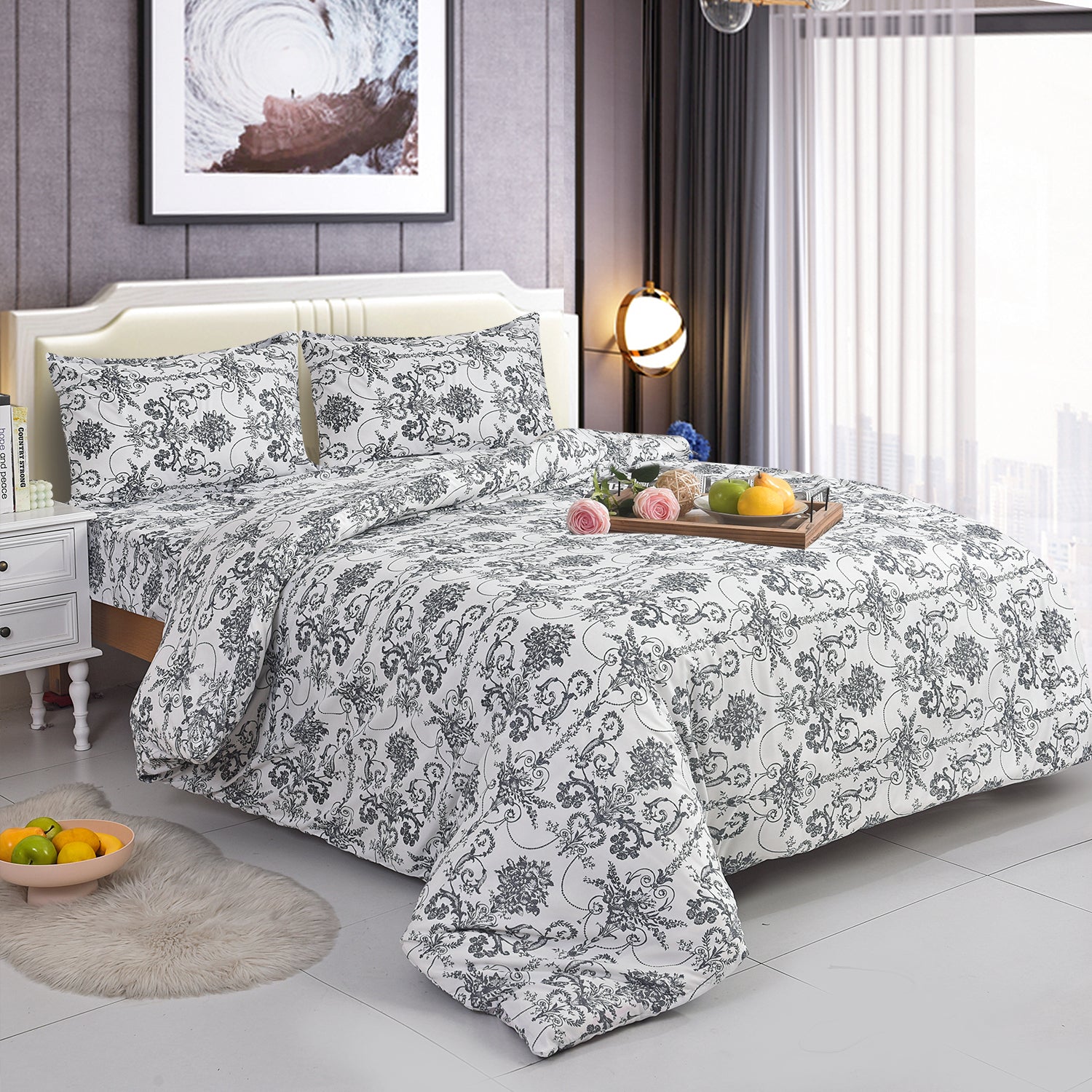 Obsidian Marble Luxe 4-Piece Bedding Set – Duvet Cover, Fitted Sheet & 2 Pillowcases.